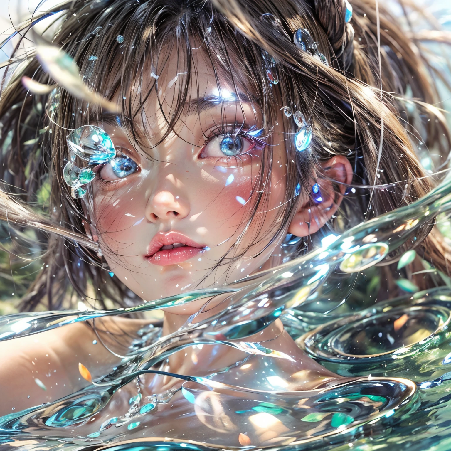 (8K, Original photography, Top image quality, masterpiece: 1.28), hyper HD, (Realistic, Reality: 1.38), realisticlying, A high resolution, softlighting. Tiny Girls, girl jumping into the water、Falling、splash water、shout、Luminous water surface、White and Vivid colors, (under the mesmerizing back lighting), glistening ivory skin, sparkling highlights, Detailed KAWAII face with cute lips, long eyelashes, Delicate clothes, Detailed open crotch, (((Whole Body proportions and all limbs are anatomically accurate))) .