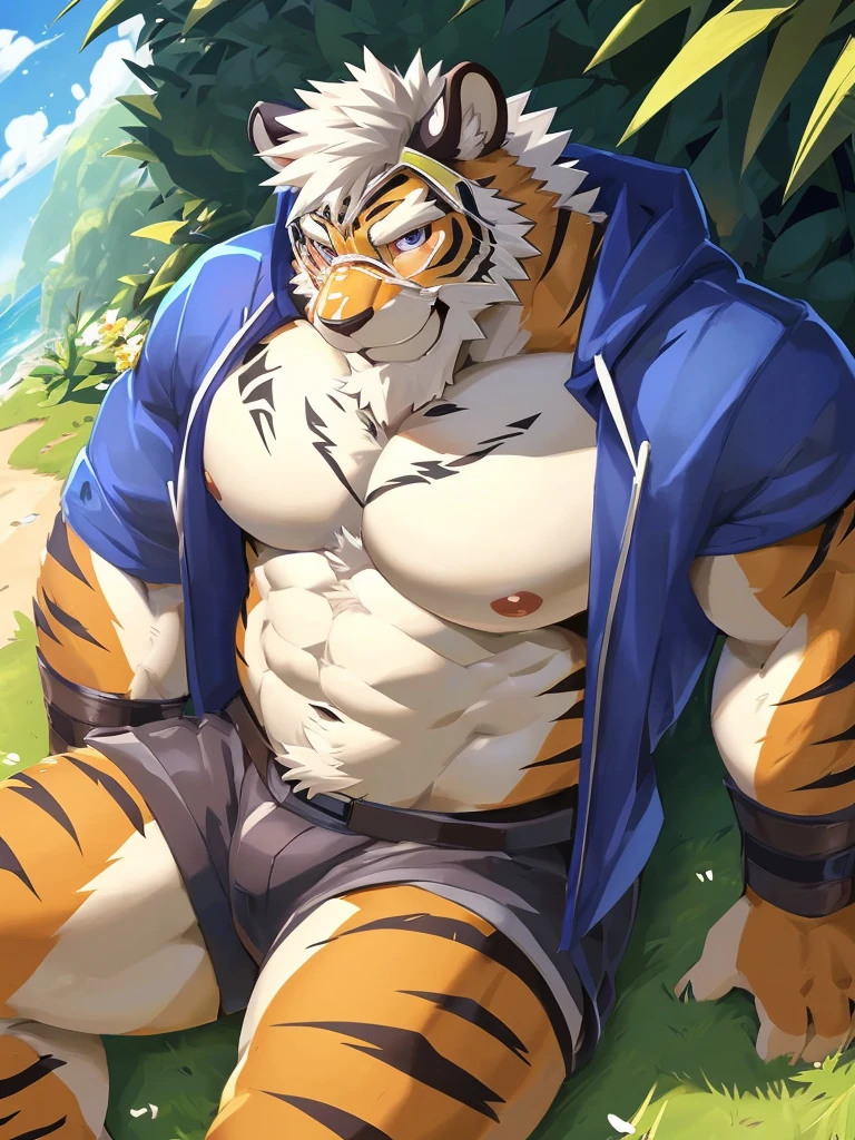 anthro ((tiger)), furry, tiger, golden fur, (white hair:1.5), beard, male, white eyebrows, violet eyes, masterpiece, (no stripes on face:1.5), ((Best quality)), character focus solo, handsome, middle-aged, mature, muscle body, sexy, dilf, full body, (low angle shot), (open legs) lying, 5 fingers, (obsidius (lah)), black tattoo on arm, tatoo on chest, beard, solo, naked, nude, (purple eyes), (Hefty), overweight, (big arms:1.3), (big pecs:1.3), (thick thighs:1.2), (smile), look at viewer, flower on grassland, summer seaside hills, highly detailed, anime style, cel shading, masterpiece,(best quality), (extreme detailed illustration), good anatomy, (detailed CG), (by canyne khai, by takemoto arashi), blue hoodie, sword man, short pants, visor glasses,