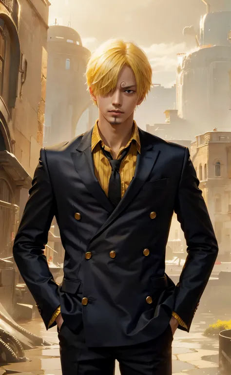 1man, sanji in anime one piece, short hair , yellow hair, black eyes, handsome, black clothes, realistic clothes, detail clothes, city background, ultra detail, realistic