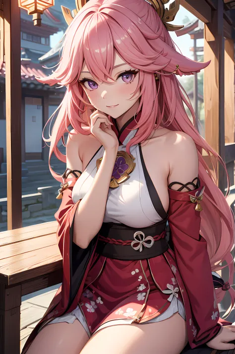 1girl, (ulzzang-6500:0.7), kpop idol, yae miko, detached sleeves, bare shoulders, pink hair, long hair, japanese clothes, best quality, (painting:1.5), (hair ornament:1.35), jewelry, purple eyes, earrings, breasts, torii,  cherry blossoms,  lantern light, ...