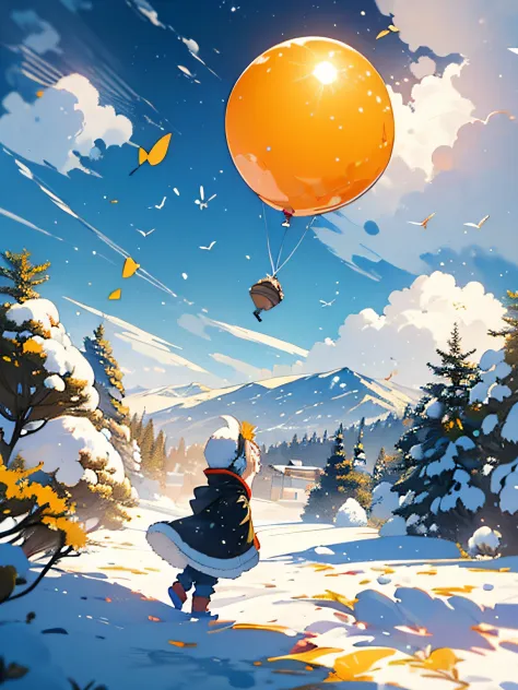 ballon jaune avec visage souriant volant seul; painting&#39;encre de paysage chinois perspective grand angle, Petit arbre, Neige...