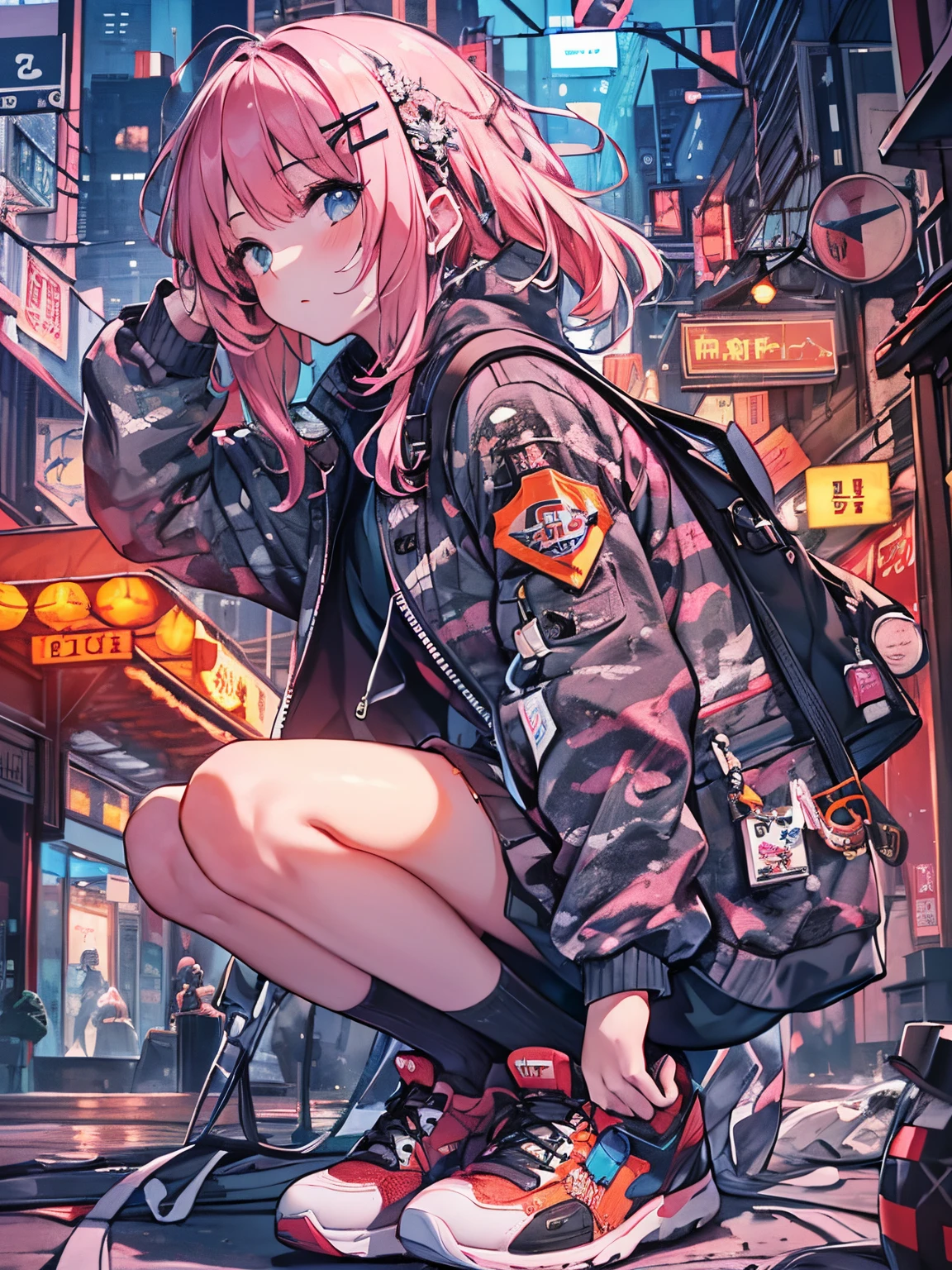 quality//
(1girl, solo:1.6), (best impact:1.5), (Maximalism:1.7), vivid contrast, (realistic), super realistic illustration, highres, ultra detailed, absurdres, Imagine high quality, Anime-style illustration.
BREAK character//
Imagine a young woman with pale pink hair decorated with a cross-shaped hair accessory。, sitting in a relaxed pose. She wore a camouflage jacket with various patches, black top underneath, I&#39;m wearing bright orange sneakers. Her expression exudes calmness and concentration., Her gaze seems to match the viewer&#39;s..
break
background//
Against the background of the cityscape at dusk. Skyscrapers rise above the busy streets、neon sign flickers, Long shadows and warm light envelop buildings and characters in a realistic yet vibrant atmosphere.。.