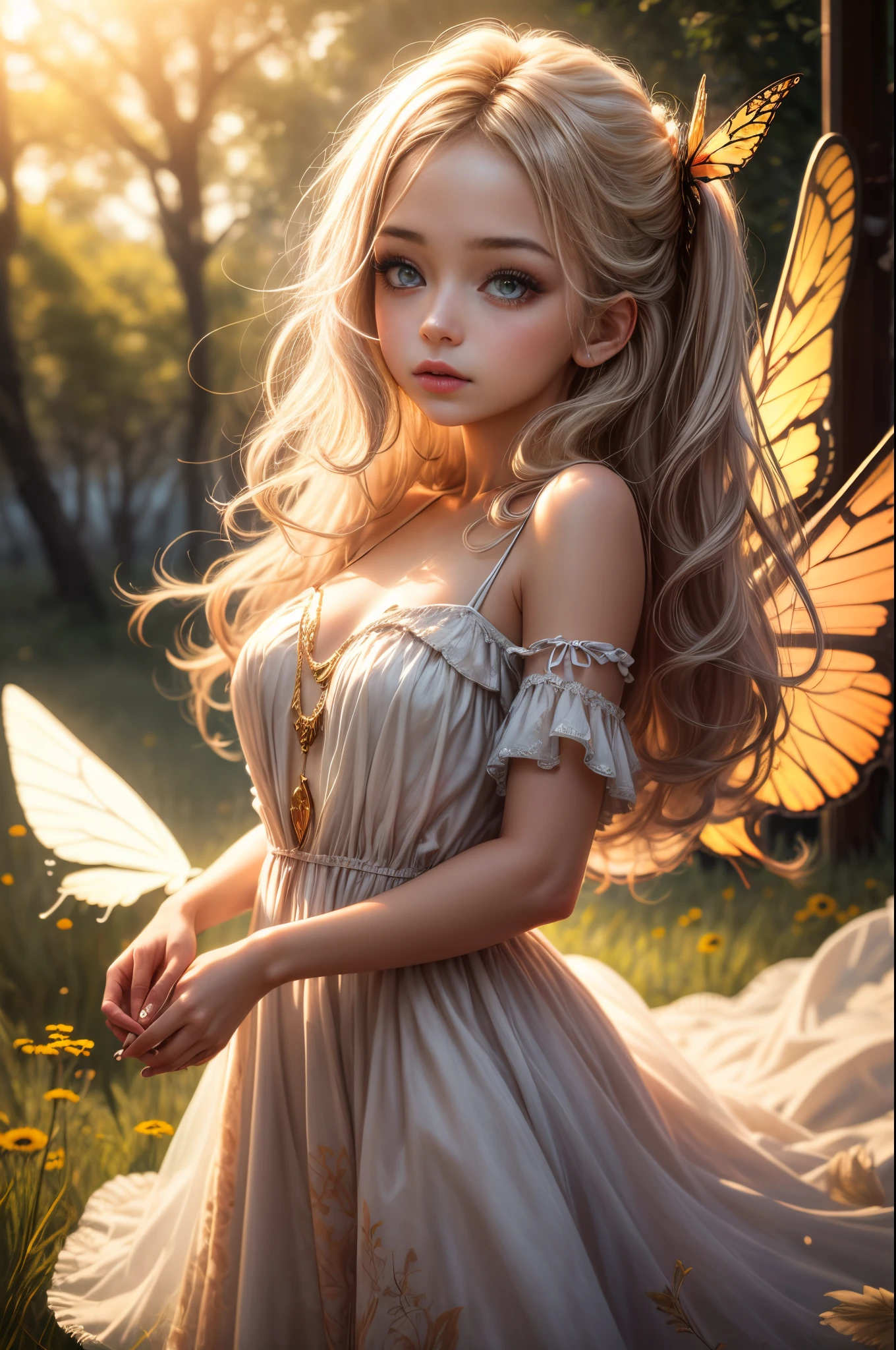 "((Innocent)) girl, golden hour, dreamy meadow, ethereal, whimsical, flowing dress, soft sunlight, enchanting, butterfly wings, (pastel clouds), liquid reflections