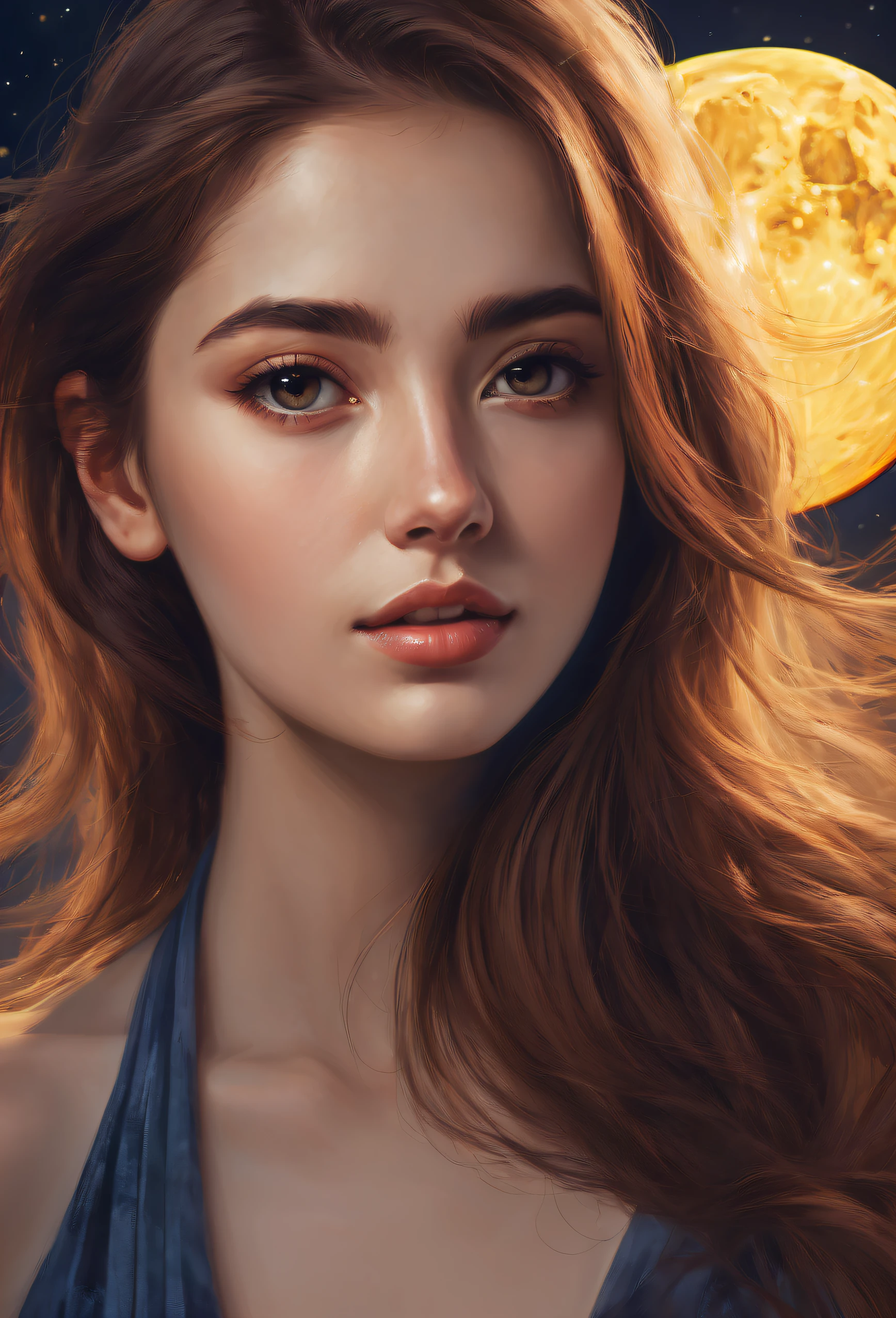 아름다운 젊은 빨간 머리, 완벽한 몸, 달빛에 파노라마 초상화