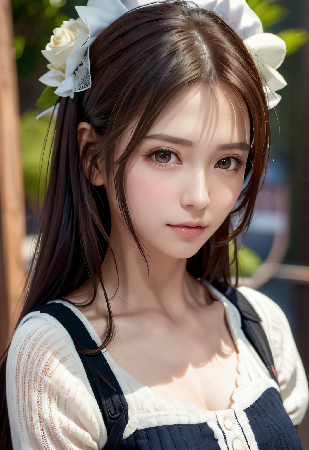 8K, of the highest quality, masutepiece:1.2), (Realistic, Photorealsitic:1.37), of the highest quality, masutepiece, Beautiful young woman, Pensive expression,、A charming、and an inviting look, Cute Maid Clothes, Hair tied back, Cinematic background, Light skin tone