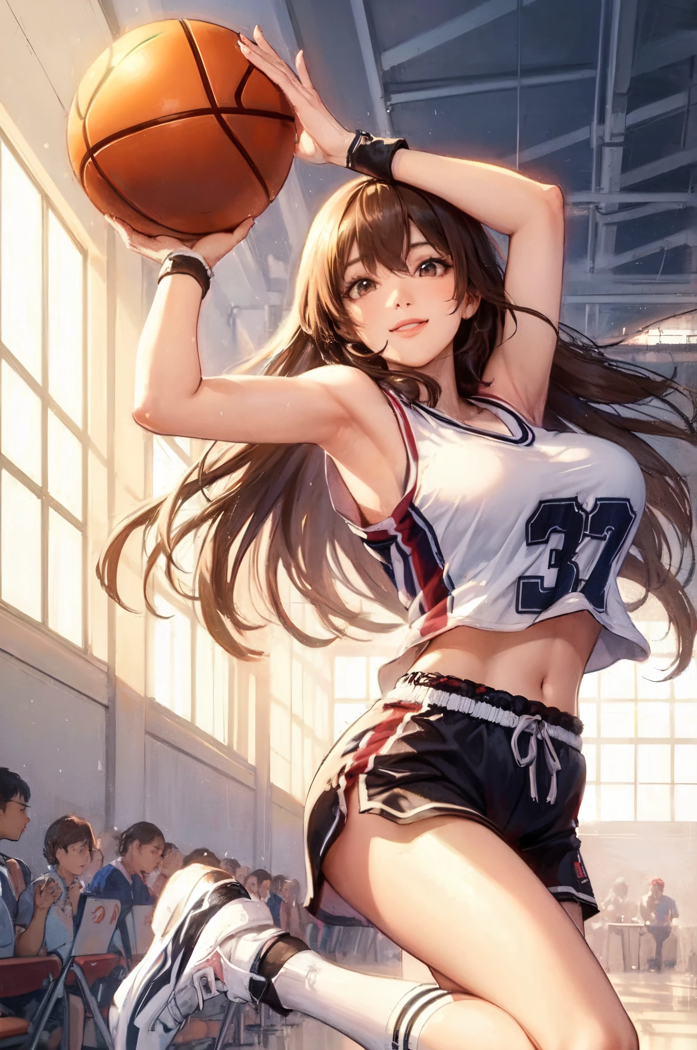 1lady solo, (dynamic posing:1.2), /(basketball uniform/), mature female, /(brown hair/) bangs, light smile, (masterpiece best quality:1.2) delicate illustration ultra-detailed, large breasts BREAK /(civic gymnasium/) indoors, audience