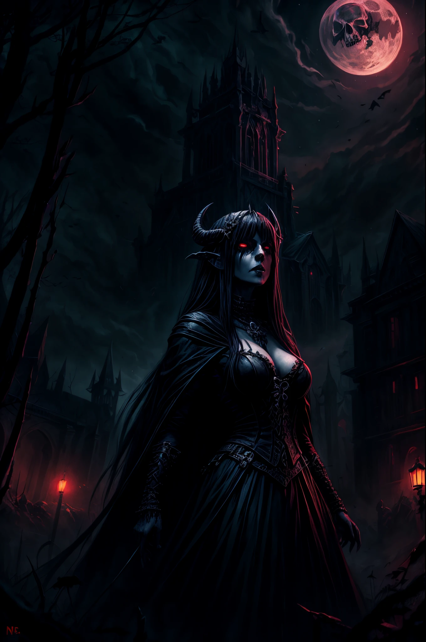(Night Landscape), Horror, Haunted, Corpses, Skulls Necronomicon, Image Style Painting, Shadows, HD, High Quality, Cinematic , beautiful demon queen, anime