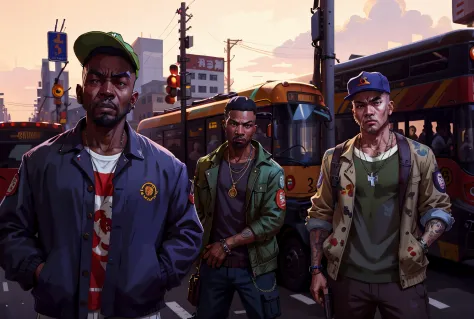 eople standing on the street corner，All kinds of strange expressions，hip hop emoticon，hip hop style，Each of the three people held a Desert Eagle Semi-automatic pistol，There  a bus in the background, gta chinatown art style, gta artstyle, GTA V art style, G...