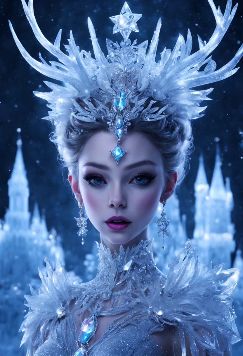 Primer plano de la impresionante reina de hielo de alto ángulo ,Tiara de hielo muy bonita. Y la pequeña cierva bebé Bambi.Bajo corte, cuerpo en movimiento.Muchos accesorios,Acentos de joyas,adornado con símbolos ocultos,HD, intrincado detallado,Híper realista,hiper detalles,neo futuristic glam,iluminación del borde, luz oscura,Noche de luna, Iluminación de neón global, luz de la luna,rayos de luna, luz rasante, brillo interior, dark,estrellas, fondo de hielo, nieve , invierno, castillo de hielo , paisaje panorámico