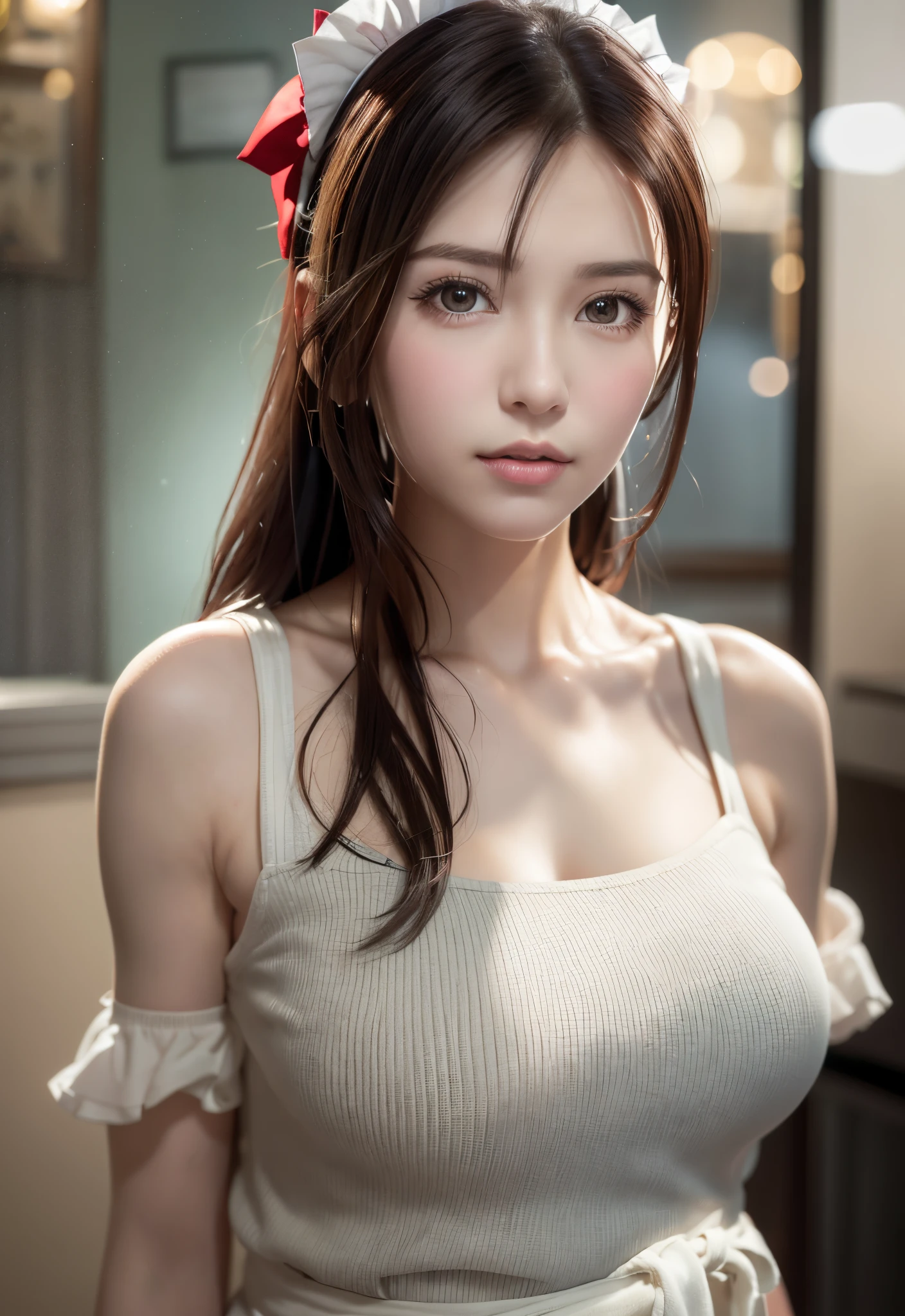 8K, of the highest quality, masutepiece:1.2), (Realistic, Photorealsitic:1.37), of the highest quality, masutepiece, Beautiful young woman, Pensive expression,、A charming、and an inviting look, Cute Maid Clothes, Hair tied back, Cinematic background, Light skin tone、Ko Shibasaki