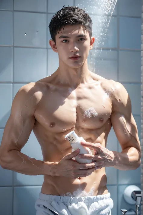 ((Man in the shower, Bubble bath, foamy)), Male, Tik, ,swim trunkusculature，short detailed hair。frontage，Sun-protective clothing，chest muscle，Abs