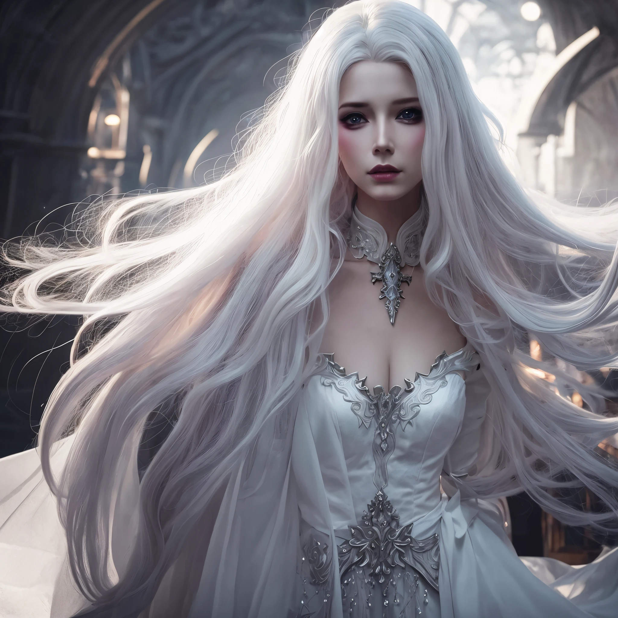 a woman in a white dress with long white hair and a necklace, elegant cinematic fantasy art, gothic fantasy art, 4k fantasy art, beautiful elegant demon queen, detailed fantasy art, beautiful fantasy art, beautiful and elegant elf queen, epic fantasy art portrait, breathtaking fantasy art, epic fantasy art style, dark fantasy style art, amazing fantasy art, dramatic fantasy art