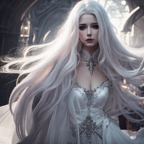 a woman in a white dress with long white hair and a necklace, elegant cinematic fantasy art, gothic fantasy art, 4k fantasy art,...