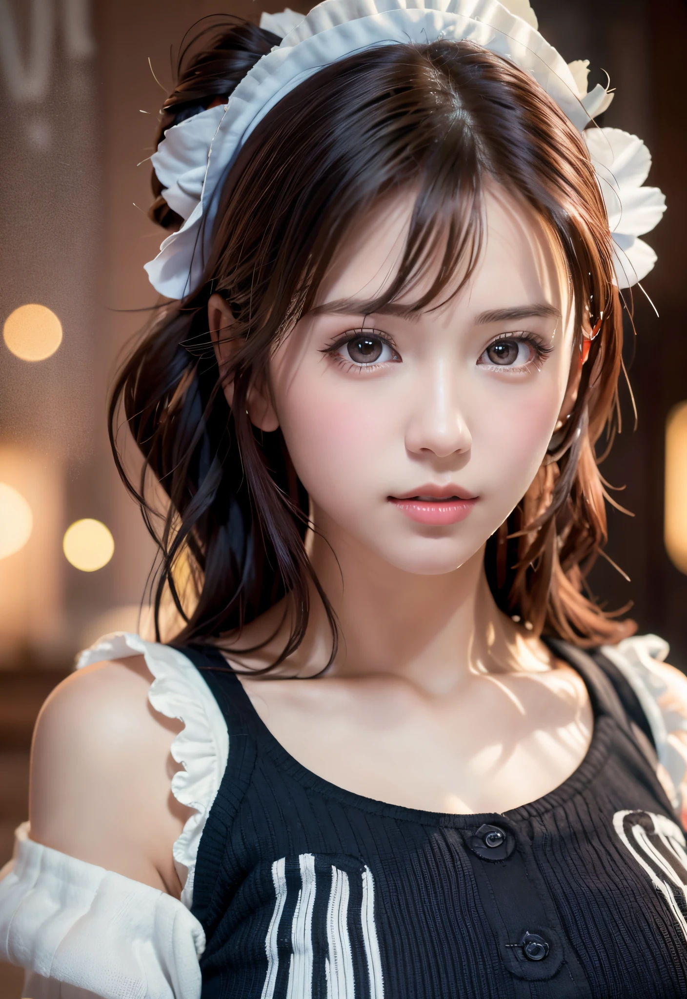 8K, of the highest quality, masutepiece:1.2), (Realistic, Photorealsitic:1.37), of the highest quality, masutepiece, Beautiful young woman, Pensive expression,、A charming、and an inviting look, Cute Maid Clothes, Hair tied back, Cinematic background, Light skin tone、Ko Shibasaki