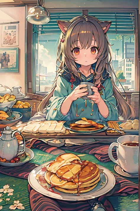 Sit under the kotatsu and eat pancakes、Anime girl drinking tea, pixiv, Cute Anime, In pixiv, anime food, cute anime catgirl, ani...