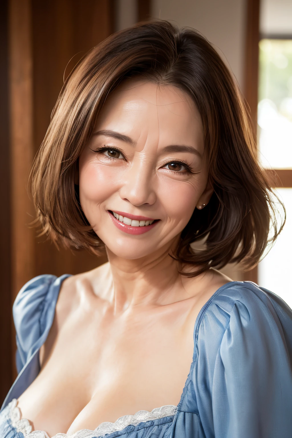 (Masterpiece:1.2), high definition, high quality,(60-year-old woman:1.2)、(Wrinkles on the face:1.2)、Beautie,Princess dress, Puffy sleeves,Big breasts,smile,