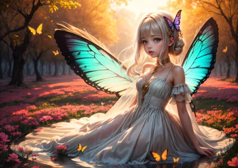((Innocent)) girl, golden hour, dreamy meadow, ethereal, whimsical, flowing dress, soft sunlight, enchanting, butterfly wings, (pastel clouds), liquid reflections