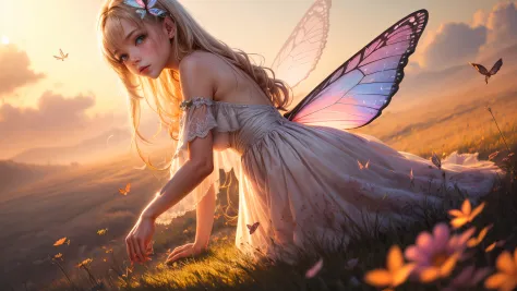 ((Innocent)) girl, golden hour, dreamy meadow, ethereal, whimsical, flowing dress, soft sunlight, enchanting, butterfly wings, (pastel clouds), liquid reflections