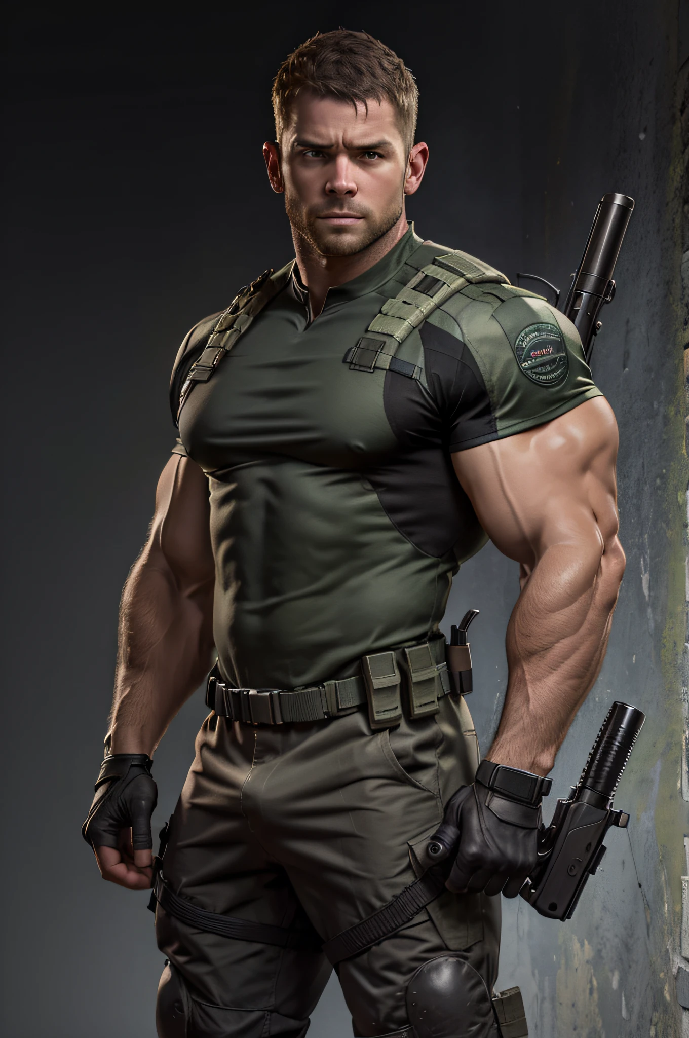 1 man, solo, 35 year old, Chris Redfield, wearing a green T-shirt, serious face, looking at the camera, white color on the shoulder and a bsaa logo on the shoulder, military tactical suit, equipment, (holding a pistol with 2 hands), tall and hunk, biceps, abs, chest, best quality, masterpiece, high resolution:1.2, upper body shot, dark black gloomy hallway with not background