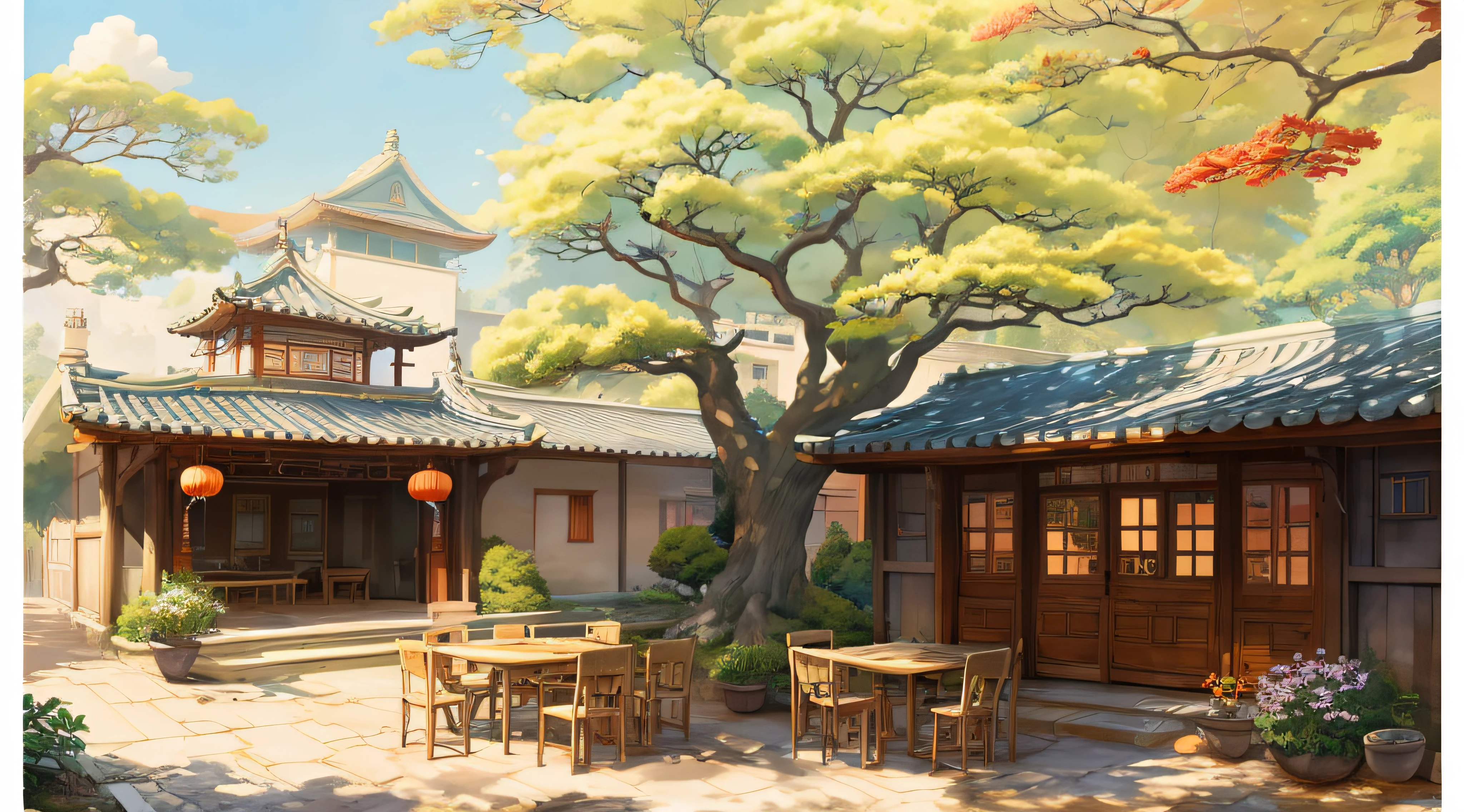 Draw a courtyard with a table, a chair, and a tree, Chinese courtyard, english house structure, Warm late autumn warm colors, Table and chairs in the courtyard, Fruit plate on the table, flowers and plants around, Beautiful artistic illustration, landscape artwork, Autumn, Zhou Chen, There  a persimmon tree, Full of red persimmons, Lens wide angle, Faraway view, artwork of a, Anime background art, ghibli studio art, Ghibli Studio Environment, beautiful digital painting, Detailed view - width 672, In Studio Ghibli style, Studio Ghibli Sunshine, Beautiful digital artwork, Painting by Ni Yuanlu, studio ghibli painterly style