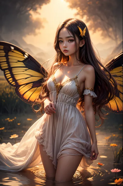 "((Innocent)) girl, golden hour, dreamy meadow, ethereal, whimsical, flowing dress, soft sunlight, enchanting, butterfly wings, (pastel clouds), liquid reflections