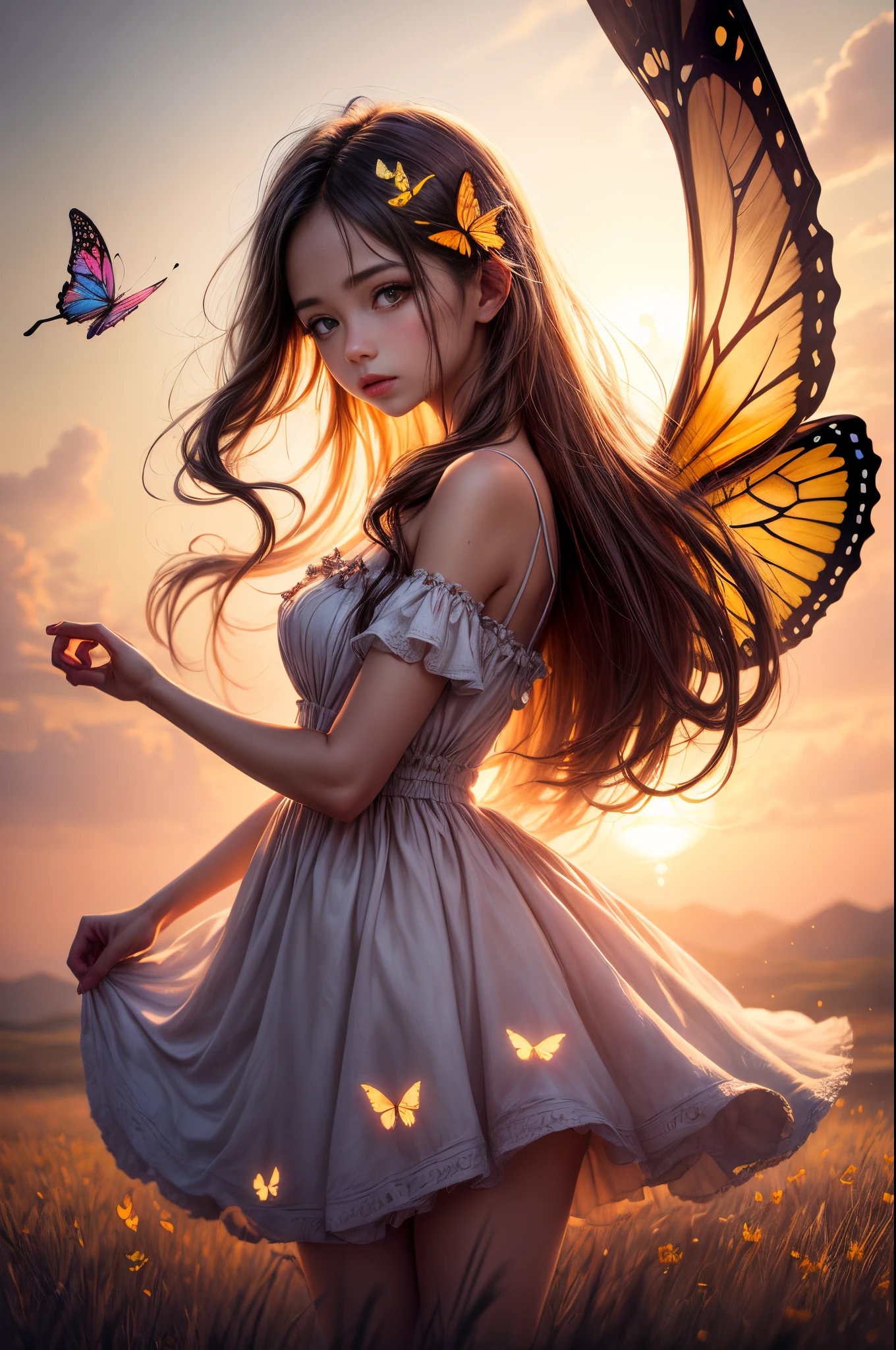 "((Innocent)) girl, golden hour, dreamy meadow, ethereal, whimsical, flowing dress, soft sunlight, enchanting, butterfly wings, (pastel clouds), liquid reflections