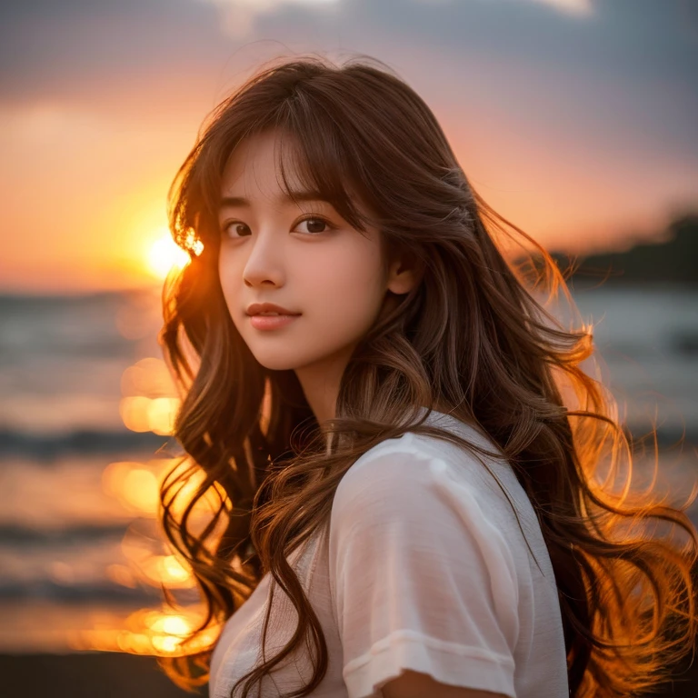 An ultra-high picture quality、Perfect Photo、18yo woman、Sunset、wavy high ...