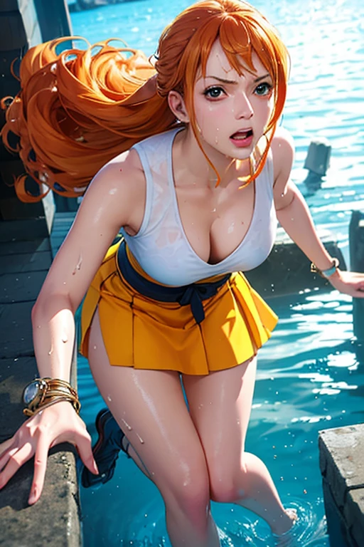 ((Photorealistic:1.4, UHD, masterpiece, high resolution)), nami from one piece, two tone bright orange hair, perfect face, (wet,sweat), fullbody:1.4, masterpiece, kunoichi outfit, mini dress, sleeveless and with a floral pattern, ((pov, pov hand, pov lifting legs, pov grab leg, pov pushing down, pov pulling up skirt))