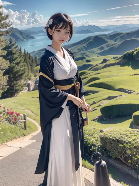 create something extremely realistic, Picture-like images, Japan full body shot of a woman. She has a short haircut with very li...