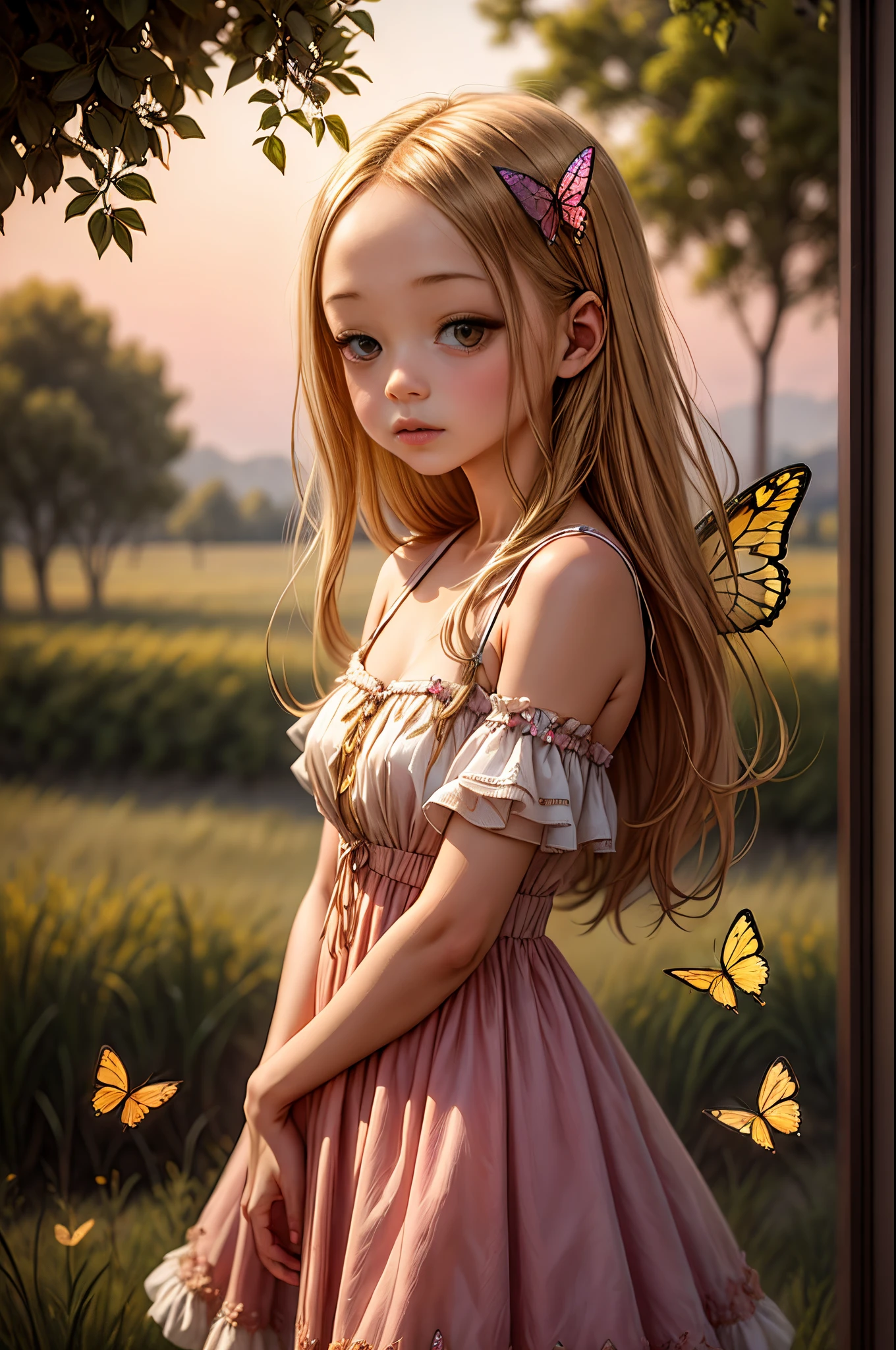 "((Innocent)) girl, golden hour, dreamy meadow, ethereal, whimsical, flowing dress, soft sunlight, enchanting, butterfly wings, (pastel clouds), liquid reflections