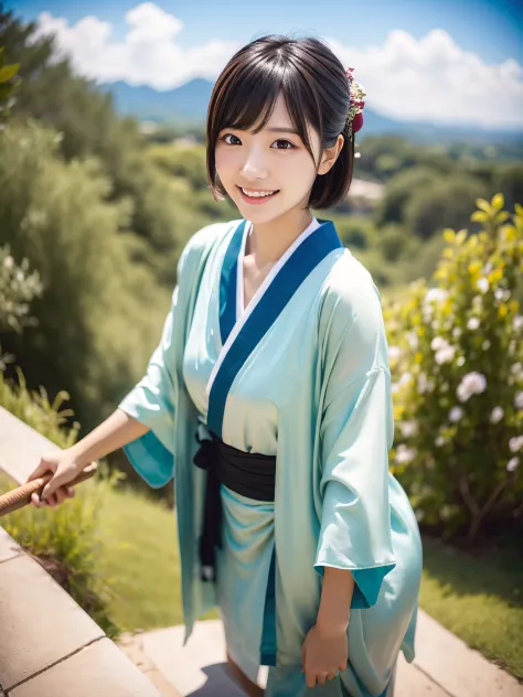 create something extremely realistic, Picture-like images, Japan full body shot of a woman. She has a short haircut with very li...