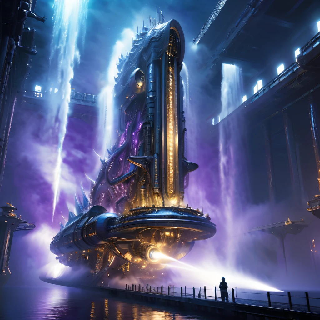 Spectacular futuristic sci-fi night spaceship erupting from steam engine，sparkling silver water column.There  a Chinese golden dragon spraying water in this water column，Emit purple energy，and emits a slight blue light，Make the entire spacecraft look mysterious and high-tech。 The shape of the water column in the spaceship  also very futuristic.........