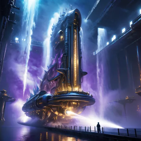 spectacular futuristic sci-fi night spaceship erupting from steam engine，sparkling silver water column.there  a chinese golden d...