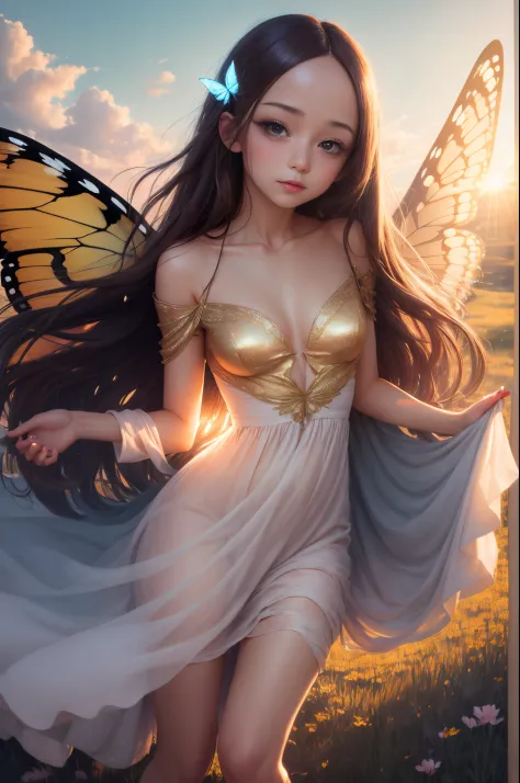 "((Innocent)) takagisan, golden hour, dreamy meadow, ethereal, whimsical, flowing dress, soft sunlight, enchanting, butterfly wings, (pastel clouds), liquid reflections