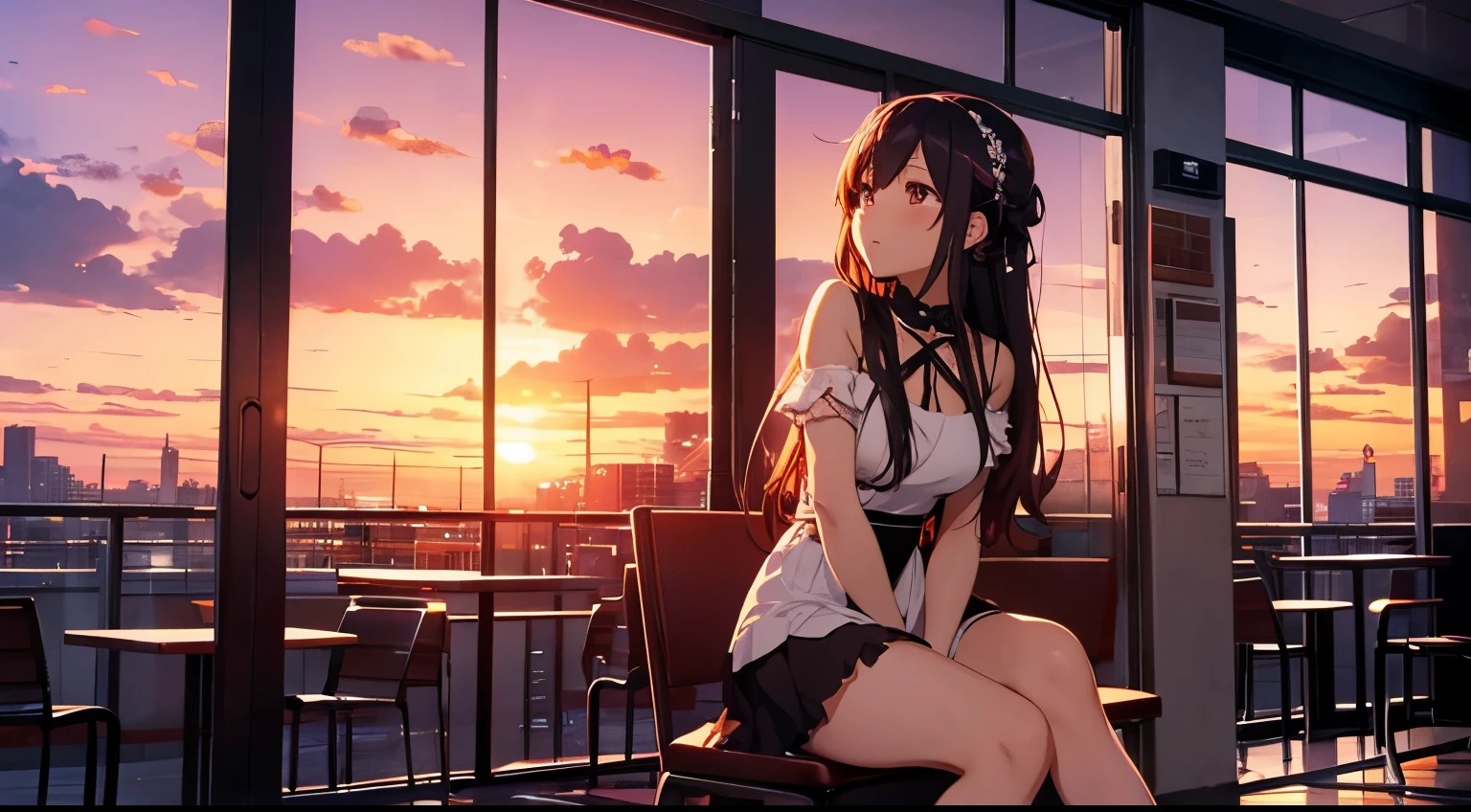 Anime girl sitting on a chair in a restaurant with a sunset in the  background - SeaArt AI