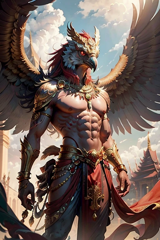 Garuda, a male anthropomorphic bird, has the appearance of a bird. The head and appearance are that of a bird. Has a bird's head, red feathers, red eye details, muscular body, best anatomy, red skin, red feathers on the body. Big red wings spread out. perfect wingspan Wear jewelry made from gold with Thai designs. Gold jewelry adorned with diamonds sits on the head of a red bird. Wear a gold chain on the left and right on the chest. Wear bright red pants, Thai silk with a Thai pattern and a gold waistband. Beautiful red cloth, ancient Thai cloth, holding a sword, hands and legs having the appearance of a complete bird. perfect hands, legs, feet Standing on the grass, looking straight, standing fully, body with the most refined skin. red skin body Maximum feather detail. Red feather. Maximum eye detail. Red eye.
Maximum anatomical detail Details, cloth, accessories, Thai warrior armor, ultimate weapon Masterpiece quality The most realistic picture Maximum realism and detail The best light The best quality of light and shade World-class studio photography Best close-up view Thai temple castle backdrop made of gold, onyx, emerald, diamond, the most perfect fantasy. The background is the sky, clouds, fog. Feeling natural and realistic