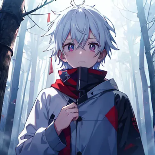 人物：white hair，put on gray hood，blue shirt，red pupils and blue pupils，sad eyes，tear drop，red scarf fluttering in the wind，raise y...