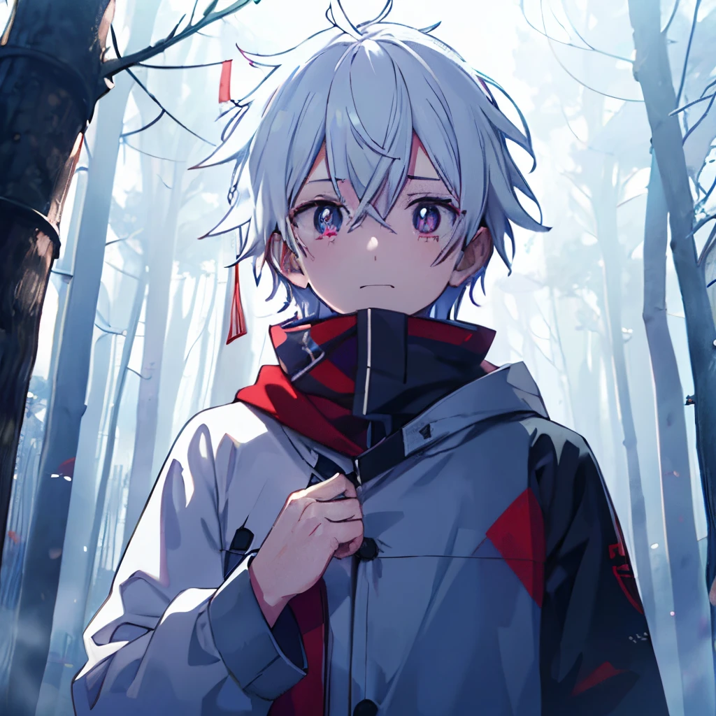 人物：White hair，put on gray hood，Blue shirt，red pupils and blue pupils，Sad eyes，tear drop，Red scarf fluttering in the wind，Raise your right hand and stretch forward，Laughing painfully，The house  on fire，dusty，frozen，coniferous forest，natta