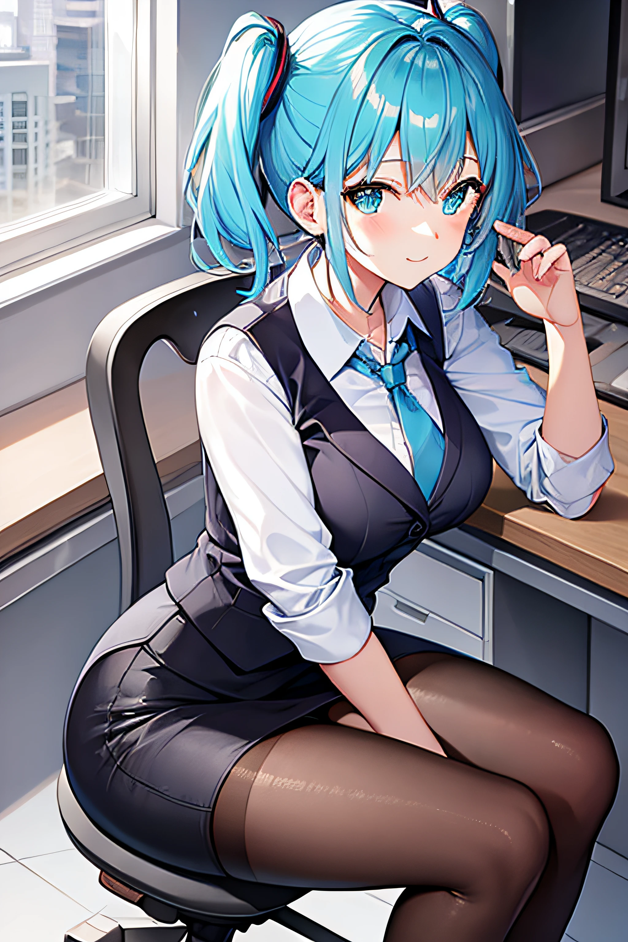 ​masterpiece、Top image quality、超A high resolution、miku hatsune、blue hairs、Twin-tailed、Short hair、Cute smile、White dress shirts、pencil skirts、office lady vest、firm breasts、well-shaped breasts、Black pantyhose、Sitting in an office chair、Office