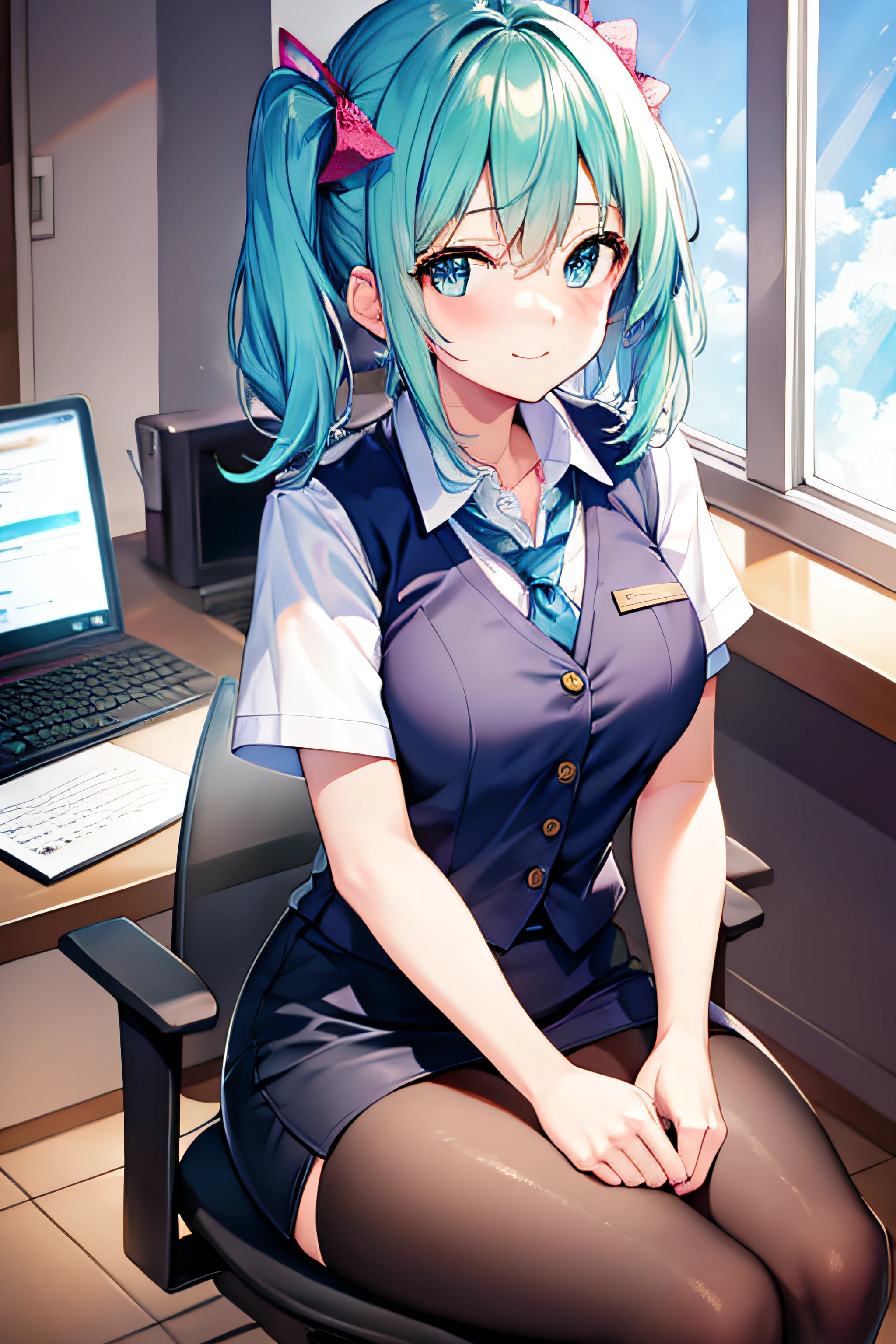 ​masterpiece、Top image quality、超A high resolution、miku hatsune、blue hairs、Twin-tailed、Short hair、Cute smile、White dress shirts、pencil skirts、office lady vest、firm breasts、well-shaped breasts、Black pantyhose、Sitting in an office chair、Office