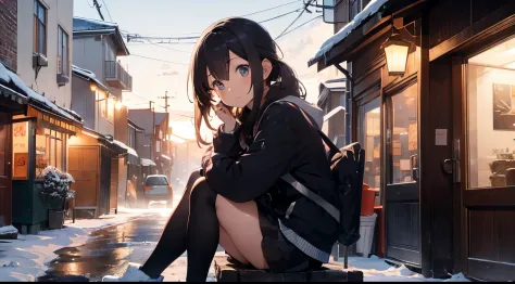 A beautiful anime girl sits at the entrance of a cafe and listens to music as the sun sets in winter and snow.