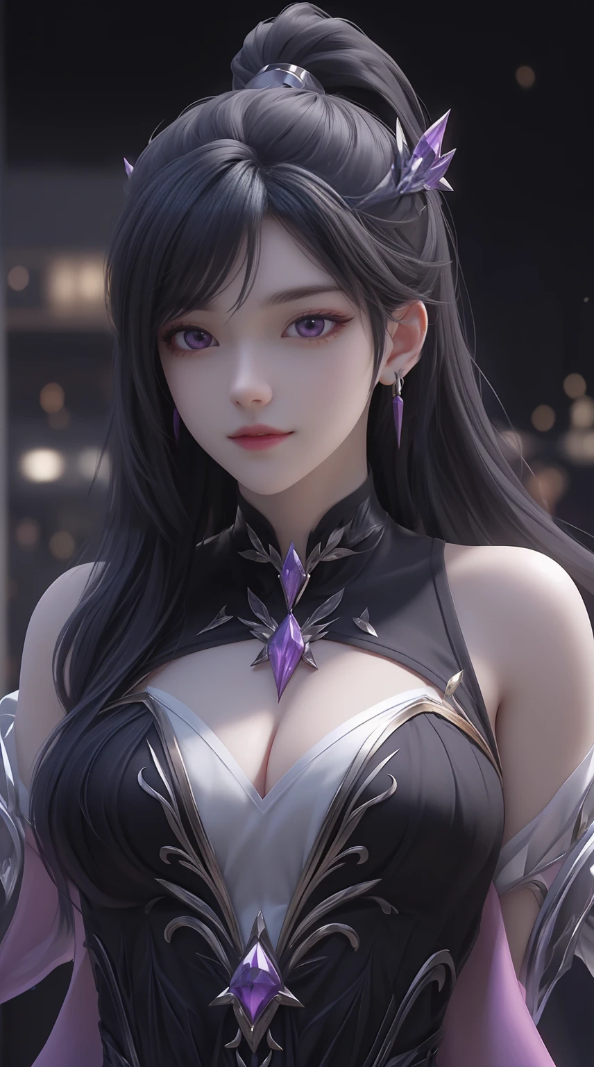 (8K, RAW photogr, Best quality at best, tmasterpiece:1.2),(actual, realistically:1.37),Photo mapping,profesional lighting,Radio City,Keda,Super beautiful glowing big eyes,Best quality at best, 1 plump girl,Alone,Long purple-black hair,nipple tops,physically-based renderingt,Too mouthful,manifestation,Broken，Broken，closeup of face，portrait of upper body