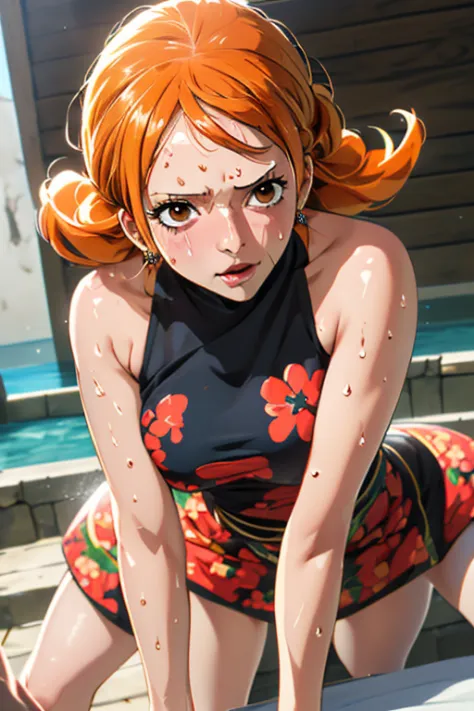 ((Illustration:1.4, UHD, masterpiece, high resolution)), nami from one piece, two tone bright orange hair, perfect face, (wet,sw...