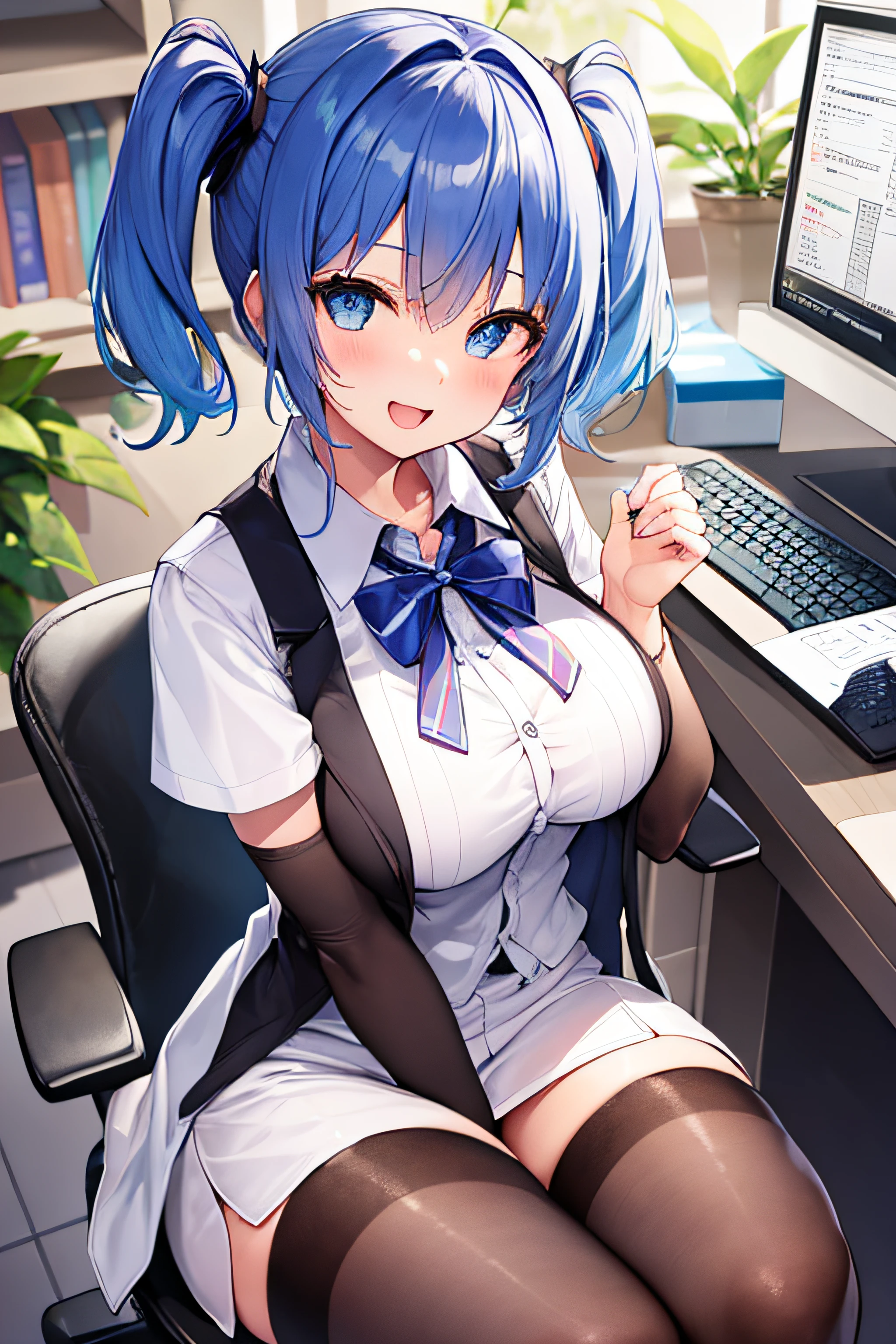 ​masterpiece、Top image quality、超A high resolution、miku hatsune、blue hairs、Twin-tailed、Short hair、Cute smile、Open your mouth just a little、White dress shirts、pencil skirts、office lady vest、firm breasts、well-shaped breasts、Black pantyhose、White panties、sit with your legs wide apart on an office chair、Office