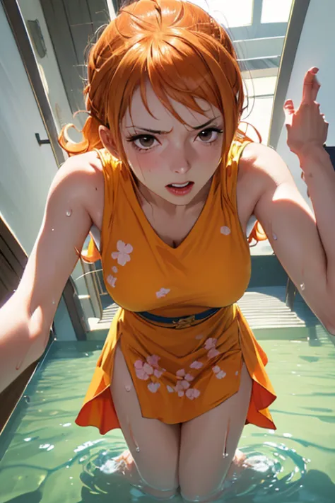 ((Illustration:1.4, UHD, masterpiece, high resolution)), nami from one piece, two tone bright orange hair, perfect face, (wet,sw...