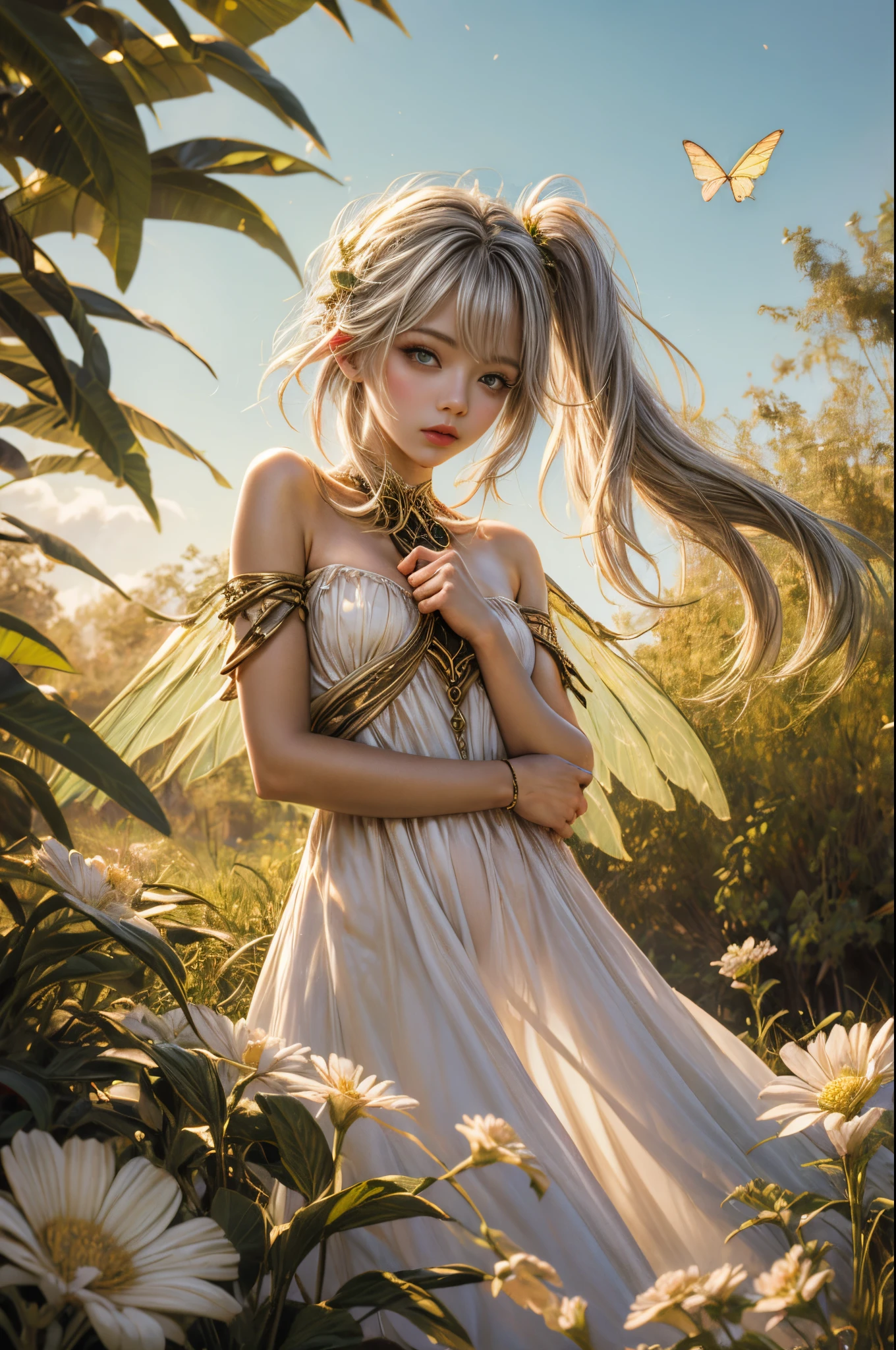 "((無実の)) 女の子, ゴールデンアワー, 夢のような草原, エーテル, 気まぐれな, ゆったりとしたドレス, 柔らかな日差し, 魅惑的な, 蝶の羽, (パステルカラーの雲), 液体の反射