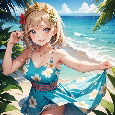 A 25 years old girl wearing Hawaii beach dress and flowers ring crown, smiling face, looking at viewer