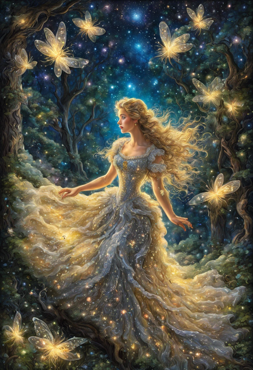 Josephine Wall, beautiful night forest, fireflies, beautiful white woman, gorgeous rococo dress with stars scattered everywhere, realistic, high resolution, high detail, vector art, book illustration