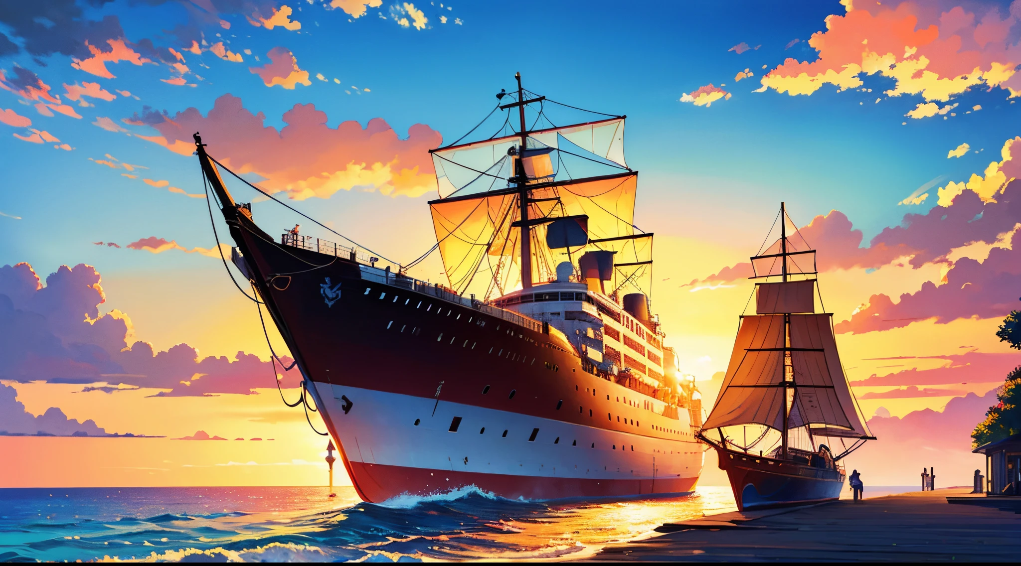 Um navio navega ao pôr do sol,ilustração,Pintura a óleo,Obra de arte:1.2,ultra-detalhado,realista:1.37,colorida,cores vivas,tons quentes,iluminação suave