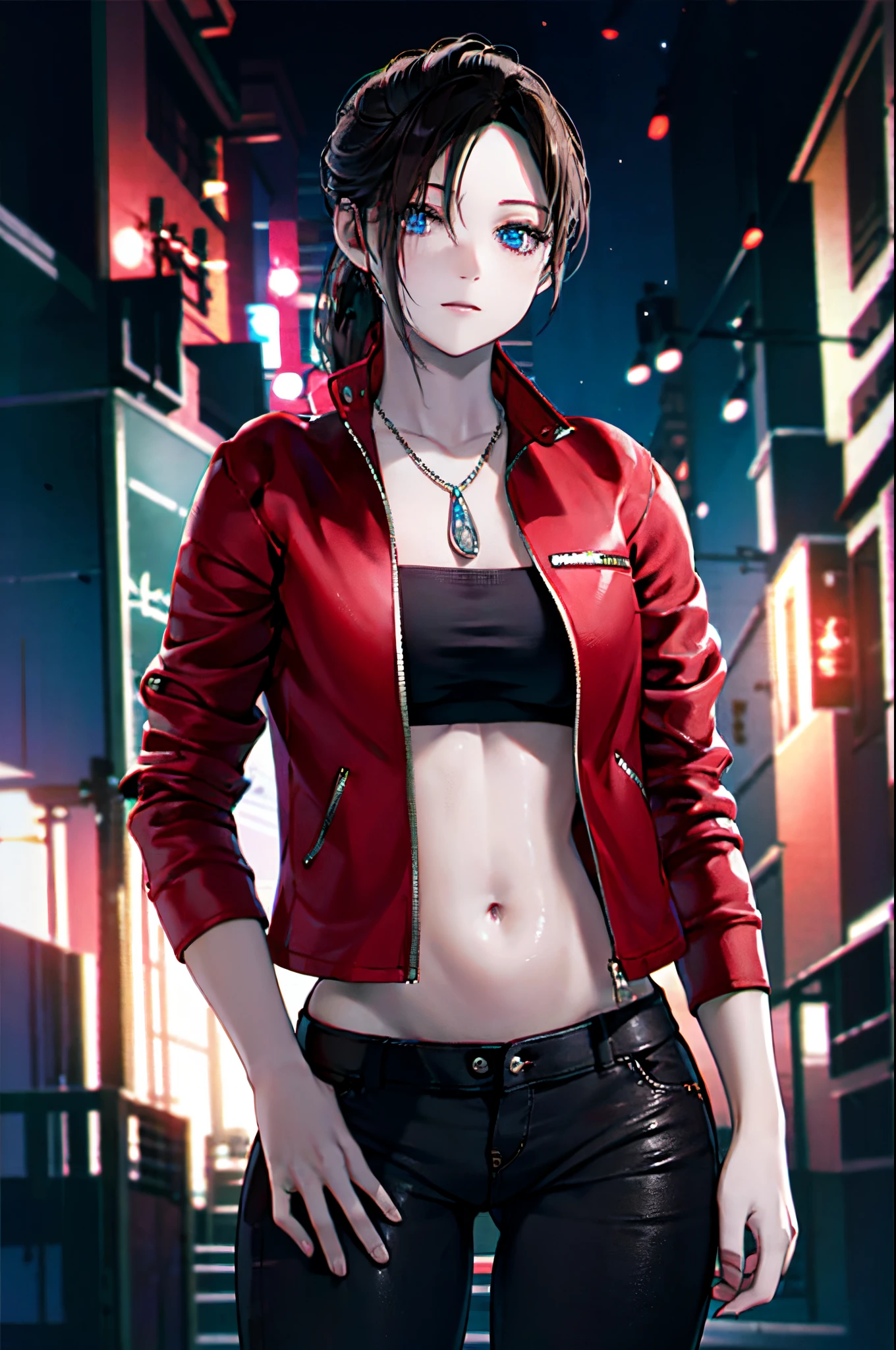 detailed, (masterpiece:1.2), (pale skin:1.2), (solo:1.2), (female:1.1), (emphasis lines:1.3), brunette, (open_red_jacket), long_pants, long_ponytail, collarbone, night, outdoors, empty_city, (glowing_eyes)